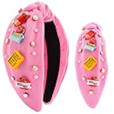 Hapdoo Pink Teacher Knotted Headband for Women, Rhinestone Pearl Embellished Jeweled HeadbandBack To School Gift Back To School Gift, Wide Top Knot Hair Accessories Teacher Appreciation Gifts