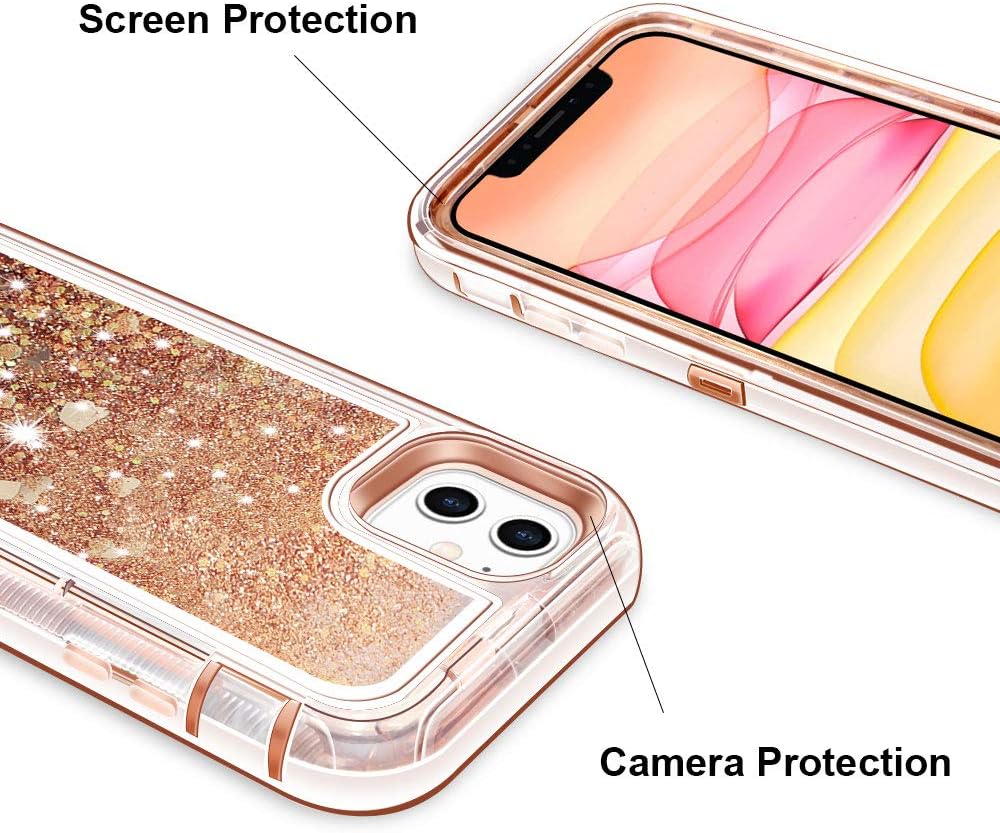 Anuck Case for iPhone 11 Case (6.1 inch), 3 in 1 Hybrid Heavy Duty Defender Armor Case Sparkly Floating Liquid Glitter Protective Hard Shell Shockproof Anti-Slip TPU Bumper Cover - Rose Gold