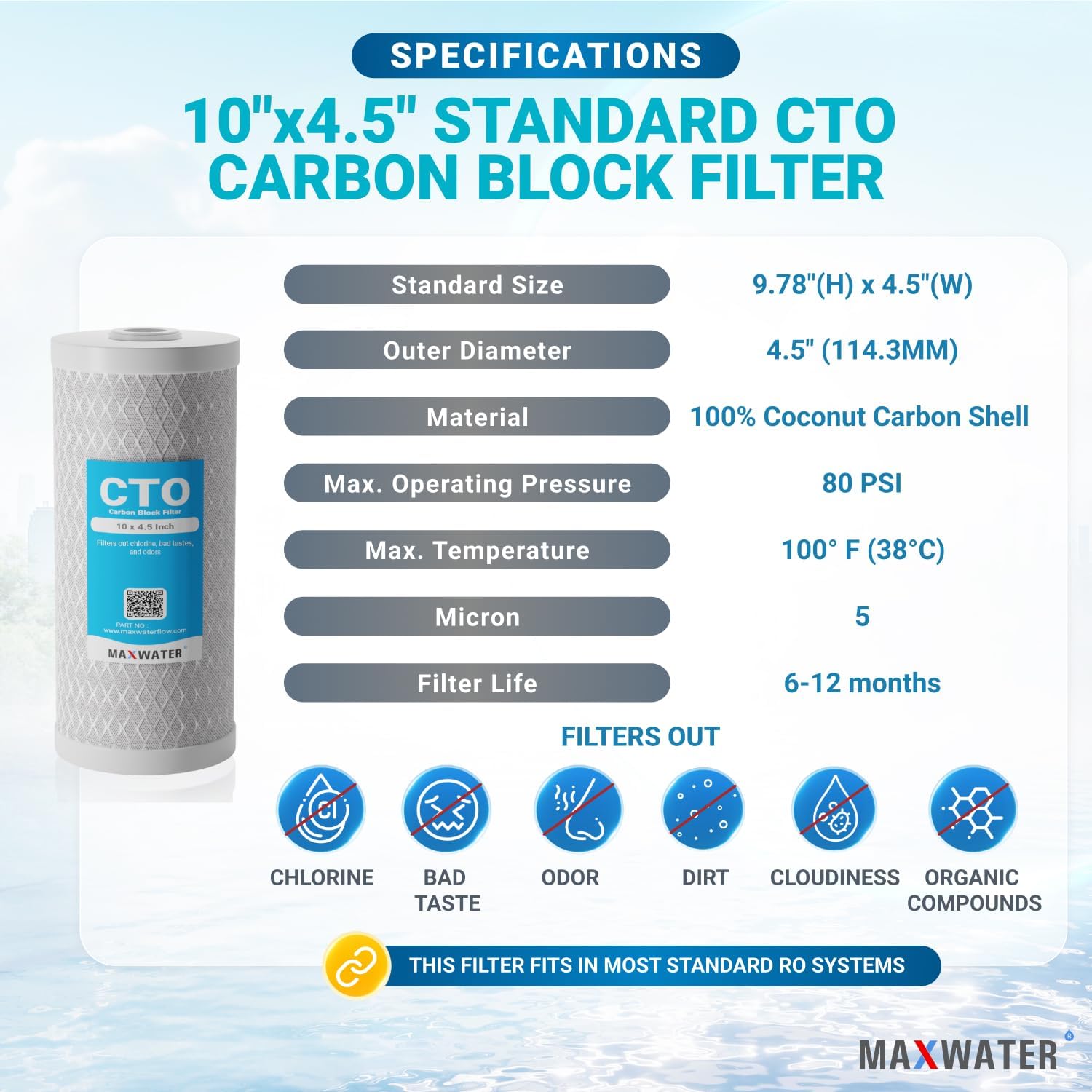 Max Water 10 x 4.5 Activated Carbon 5-Micron Filter CTO Cartridge Replacement Whole House Systems Compatible with FXHTC, WFHDC8001, CB-BB-10, CTO10BB, FC15B (4 Pack)