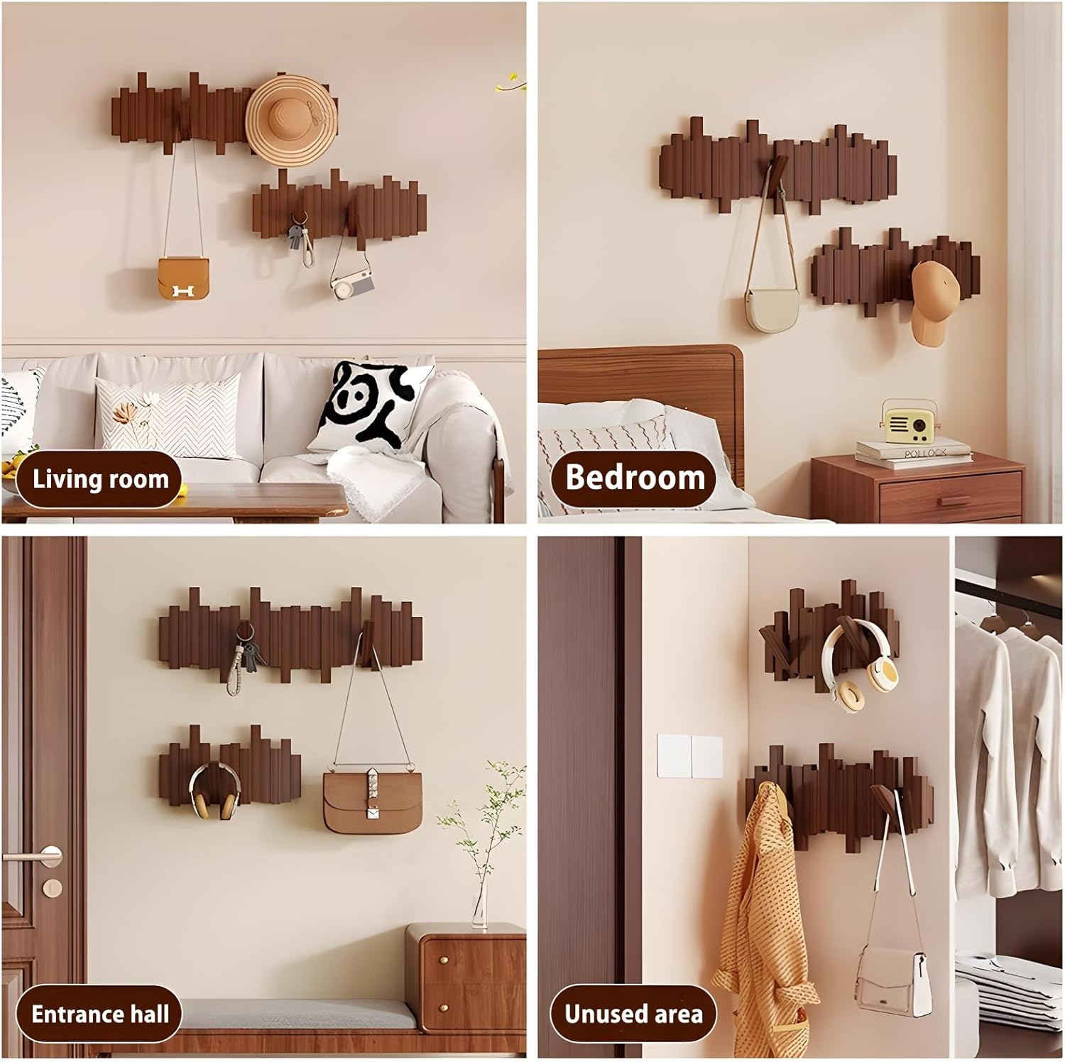 Wooden Coat Rack Wall Mount Modern Piano Wall Art Space-Saving Magnetic Hooks Wall Hat Hanger Living Room Entryway Key Holder Bedroom (Black,8 Hooks)
