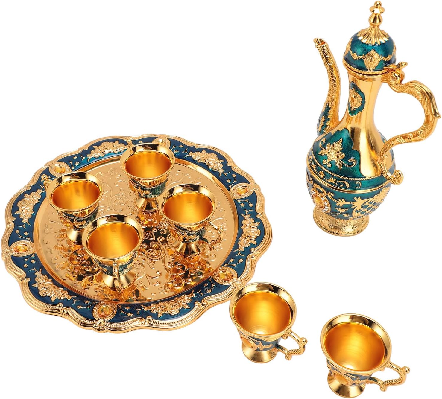 Vintage Coffee Pot Set, European Wine Pot Kit with 6 Cups, Teapot Tea Service Set in Zinc Alloy, Rustproof Vintage Metal Tray for Wedding Birthday Housewarming Gift (Gold Blue)