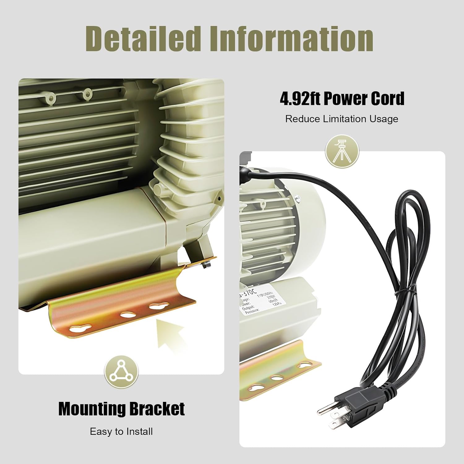 370W Grey Aviation Aluminum Aquaculture Vortex Air Blower