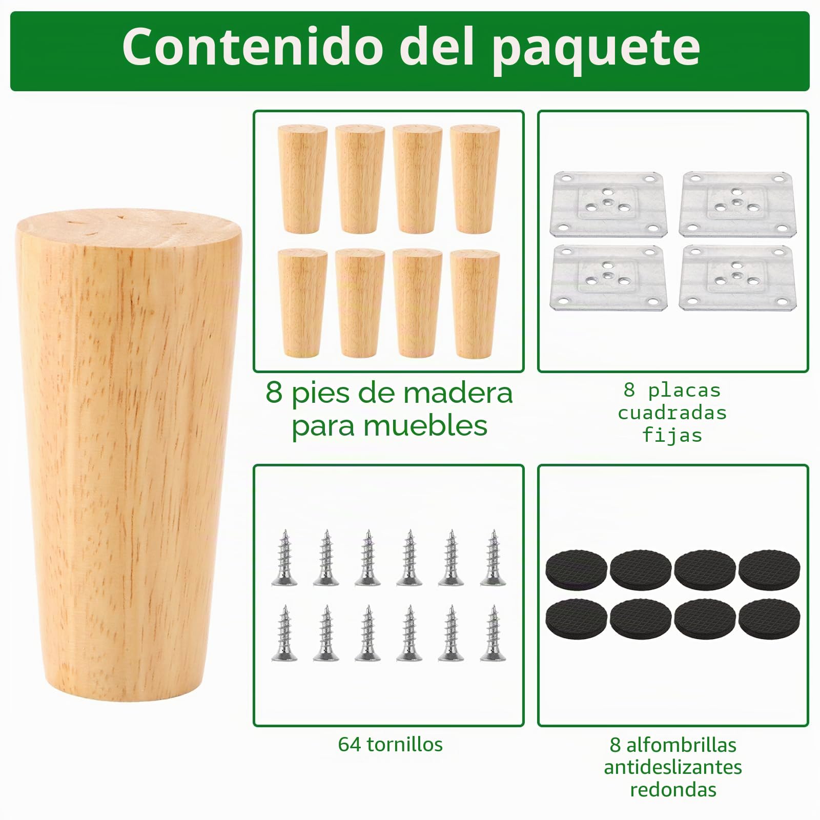 AKOLAFE 8 Piezas Patas para Muebles Madera Roble 10 cm Rectas | Incluye Placas, Tornillos y Almohadillas Antideslizantes; para Sofá, Cama, Armario y Mesa