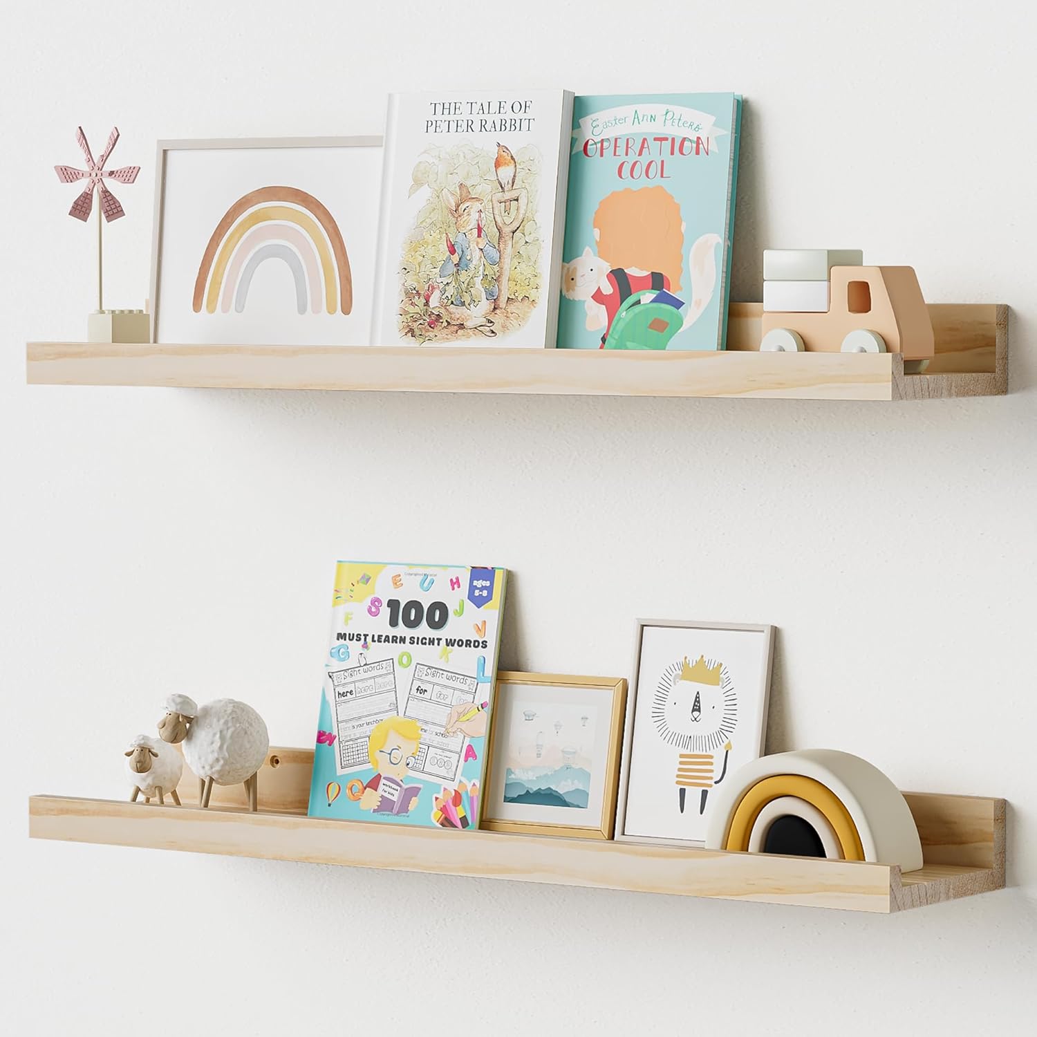 Acovy 2 Floating Shelves for Wall, 24 inch Solid Wood Picture Ledge Shelf, Picture Shelf for Wall with Ledge, Floating Book Shelves for living room Bedroom Kitchen Nursery Decor, Natural Unfinished, Set of 2 Natural Unfinished 24"