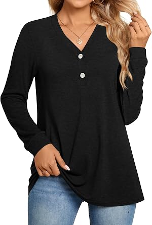 Womens Button Up T-Shirts Long Sleeve Henley Tunic Tops V-Neck Casual Sweatshirt