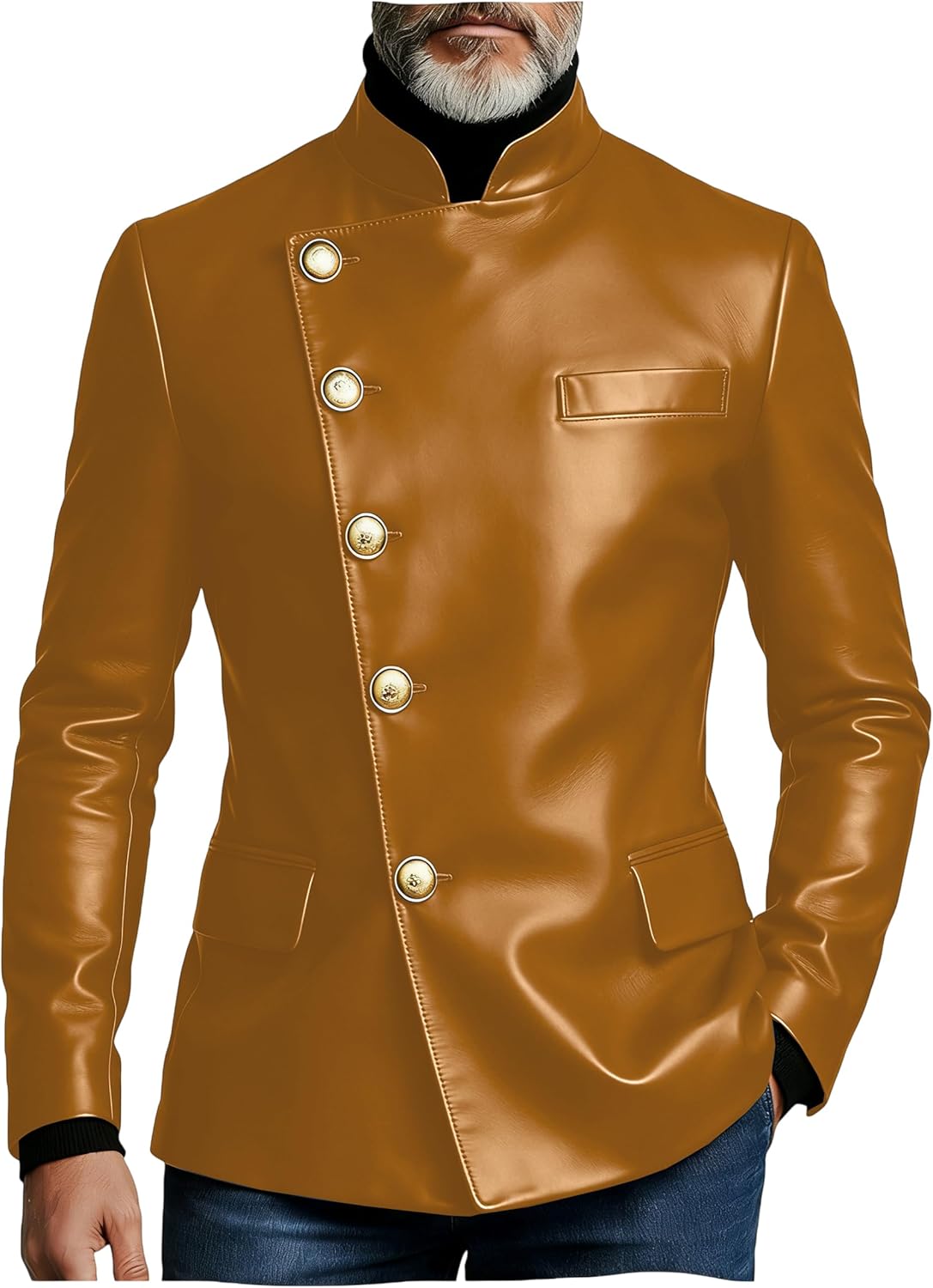 Men's PU Leather Jacket Asymmetric Button Down Blazer Stand Collar Sport Coat