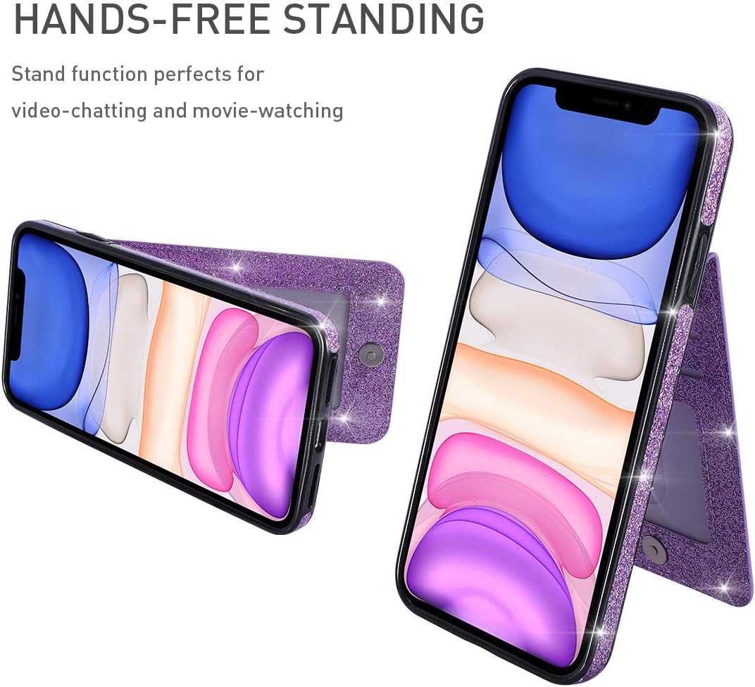 UEEBAI Wallet Case for iPhone 11, Glitter Ultra Slim PU Leather Case Back Wallet Kickstand Cover with Card Holder Slots Magnetic Clasp TPU Shockproof Flip Folio Case for iPhone 11 - Purple