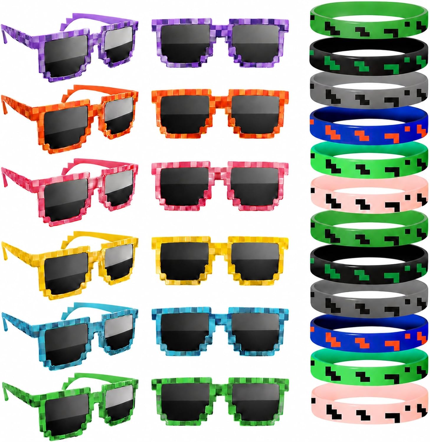 24 PCS Pixel Sunglasses and Bracelets Party Favors for Kids, 12 Pixelated Sunglasses with 12 Silicone Wristbands, Video Game Birthday Party Supplies, Gamer Party Goodie Bag Fillers, Classroom Prizes