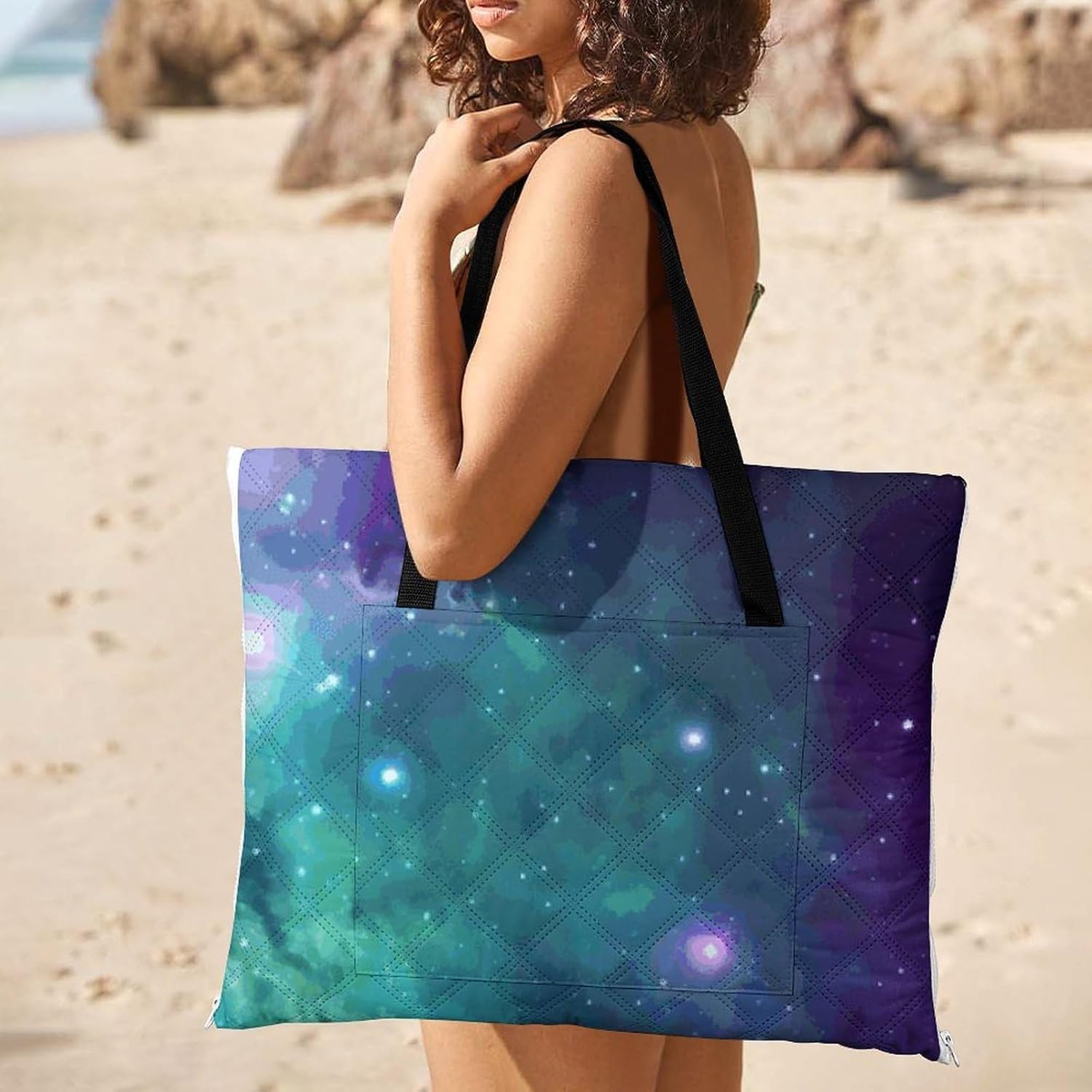 Green Blue Purple Galaxy Picnic Blanket with Zipper Water Resistant Sand Free Picnic Mat Washable Foldable Easy Carry Beach Blanket for Lawn Beach Hiking Camping