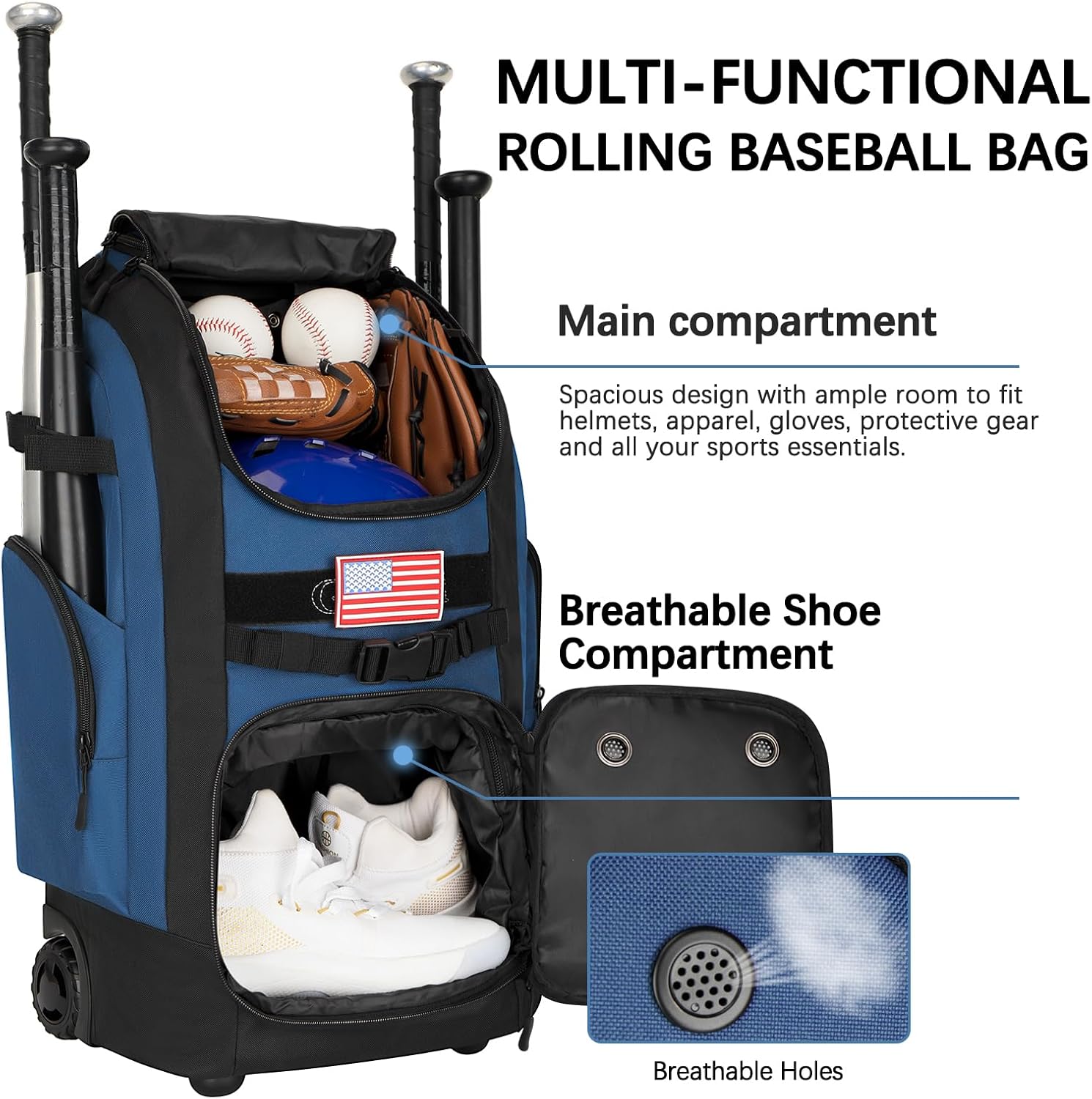 rolling baseball bag with wheels, 60l capacity wheeled softball bag with shoe compartment for youth & adult, bat bag with hidden straps,fence hook,holds 4 bat, helmet, glove blue