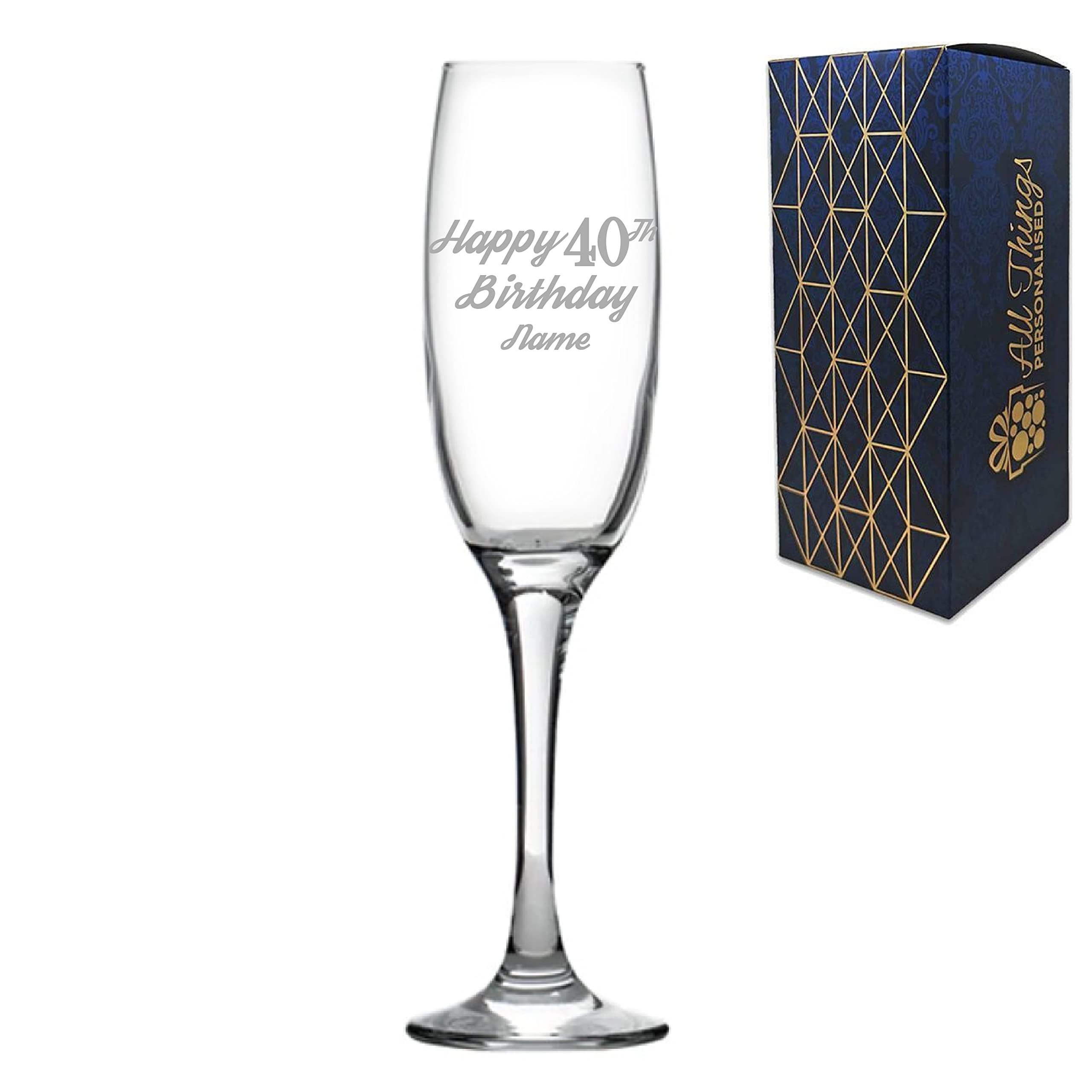 Personalised Engraved Champagne Flute Happy 40th Birthday Modern Design Gift BoxedGlass Holds 7.43oz/220ml, Customise with Any Name, Engraved in The UK