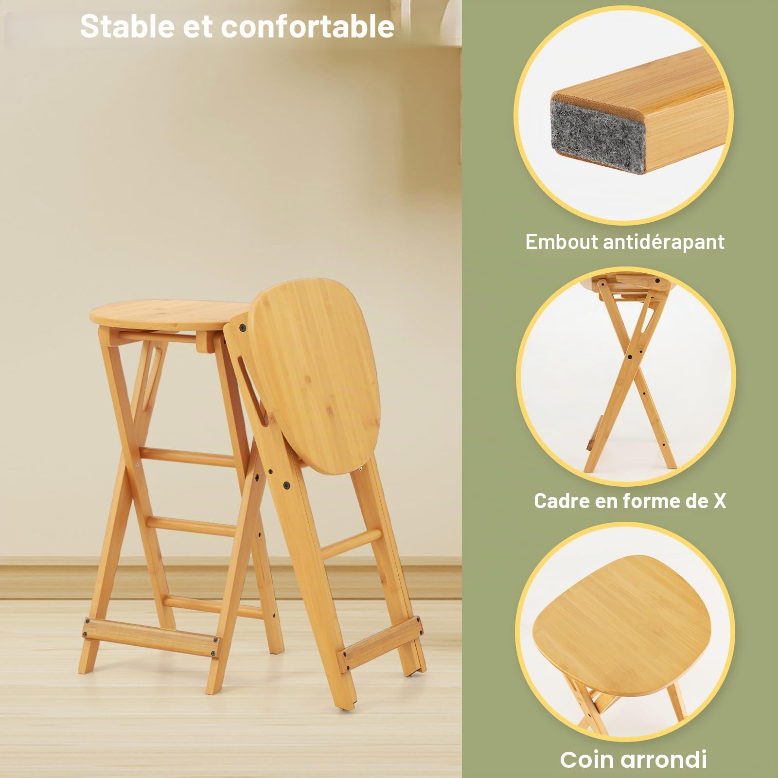 HOMASIS Lot de 2 tabourets de Bar Pliables en Bambou avec 3 Repose-Pieds