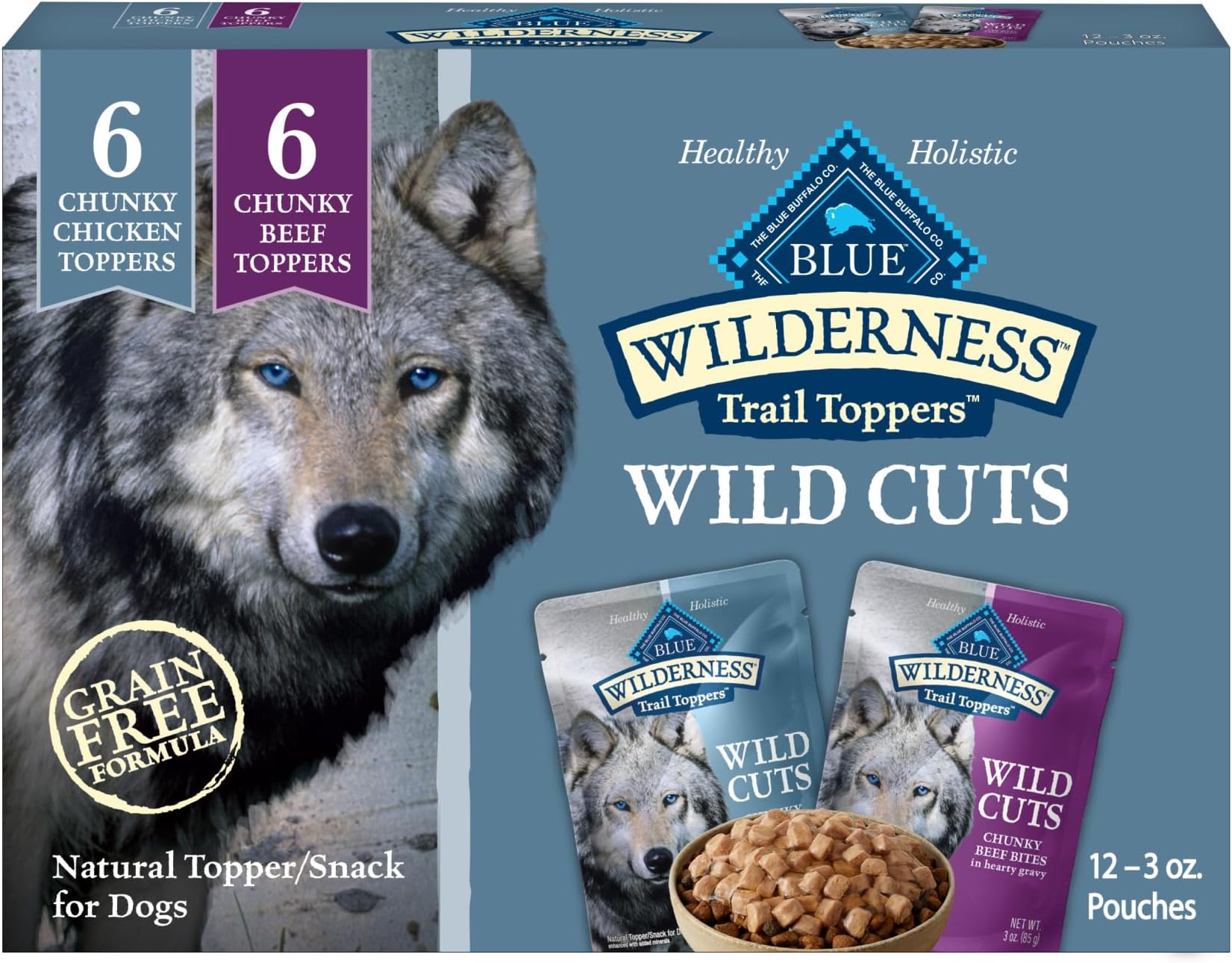 Wilderness Trail Toppers Wild Cuts Wet Dog Food Variety Pack, High-Protein & Grain-Free, Made with Natural Ingredients, Chicken and Beef Flavors, 3-oz Pouches, (12 Count, 6 of Each)