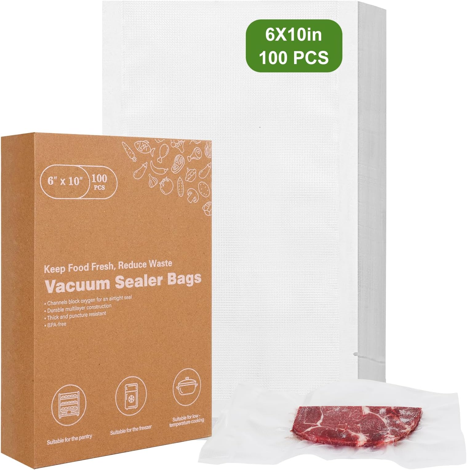 Vacuum Sealer Bags for Food Storage, 6" x 10" Vacuum Seal Bags, 100 Count