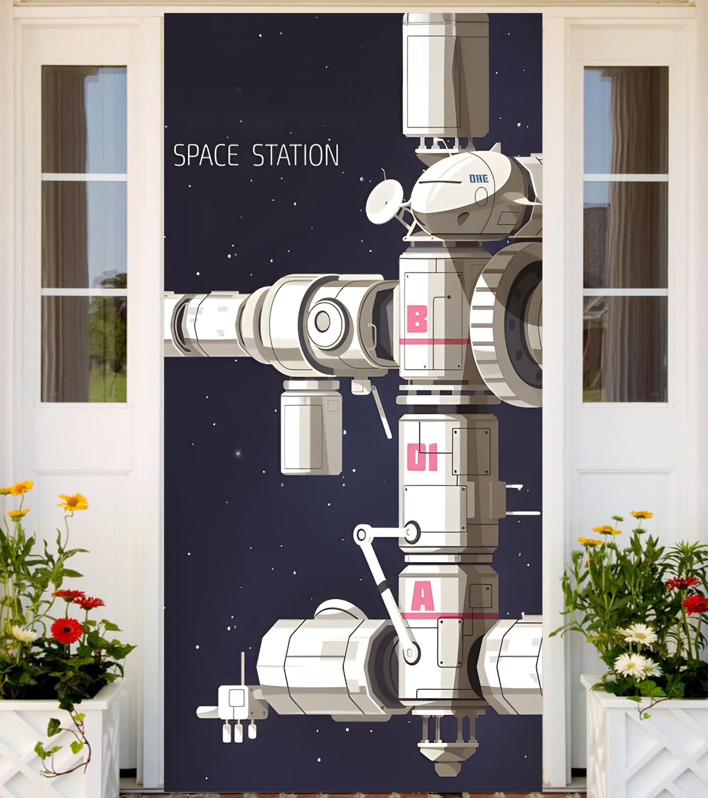 Space Station Door Banner Outer Space Door Cover Porch Photography Background for Birthday Party Home Wall Decorations Photo Props Supplies Favors