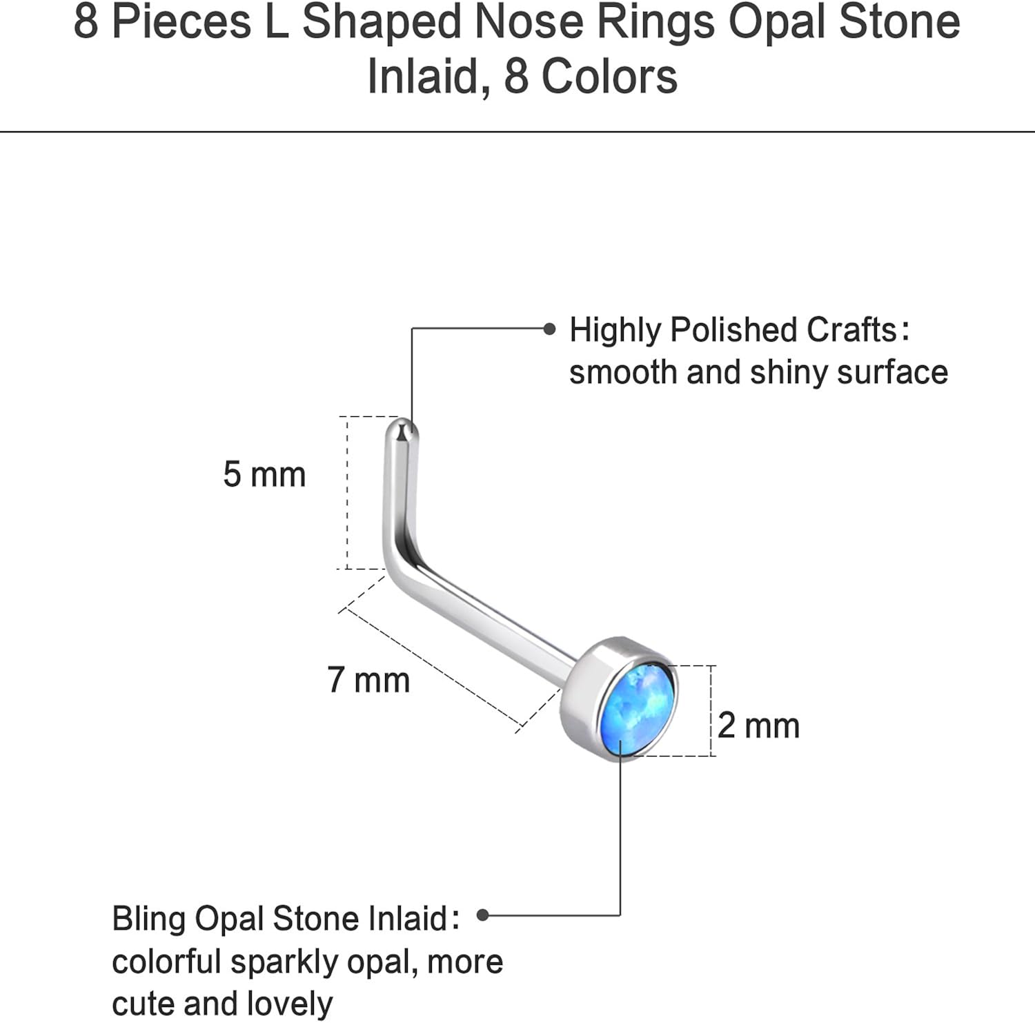 Mudder 8 Pieces 20G L Shaped Nose Rings L-bend Nose Studs Opal Stone Inlaid Stainless Steel Curved Piercing Jewelry, 8 Colors