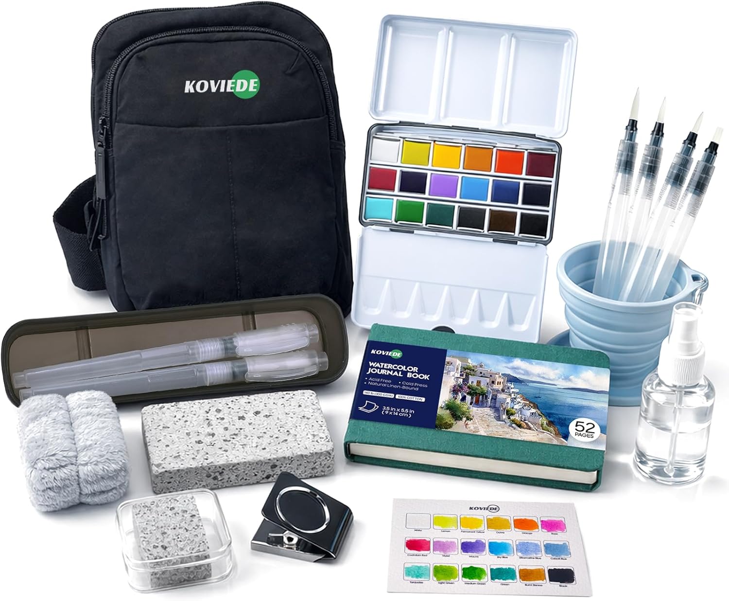 KOVIEDE Mini Watercolor Travel Set, All-in-One Water Color Paint Set with 6 Watercolor Brushes, 18 Colors, 1 Crossbody Bag, 1 Journal Book, 1 Water Cup, 1 Spray Bottle, 2 Sponge, for Painters Artists