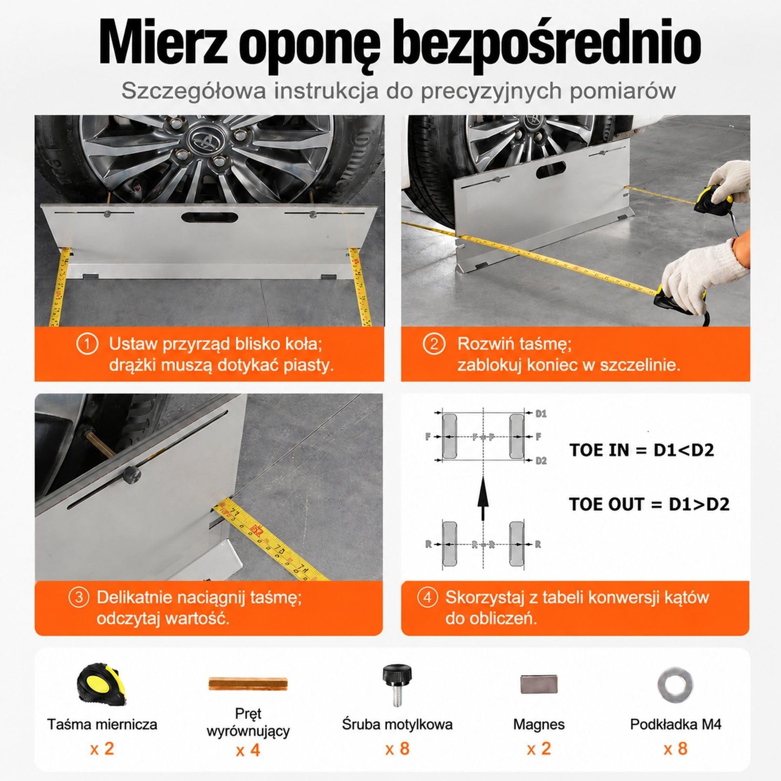 Narzędzie do geometrii kół z płytami zbieżności, miarką i tabelą konwersji do auta oraz garażu