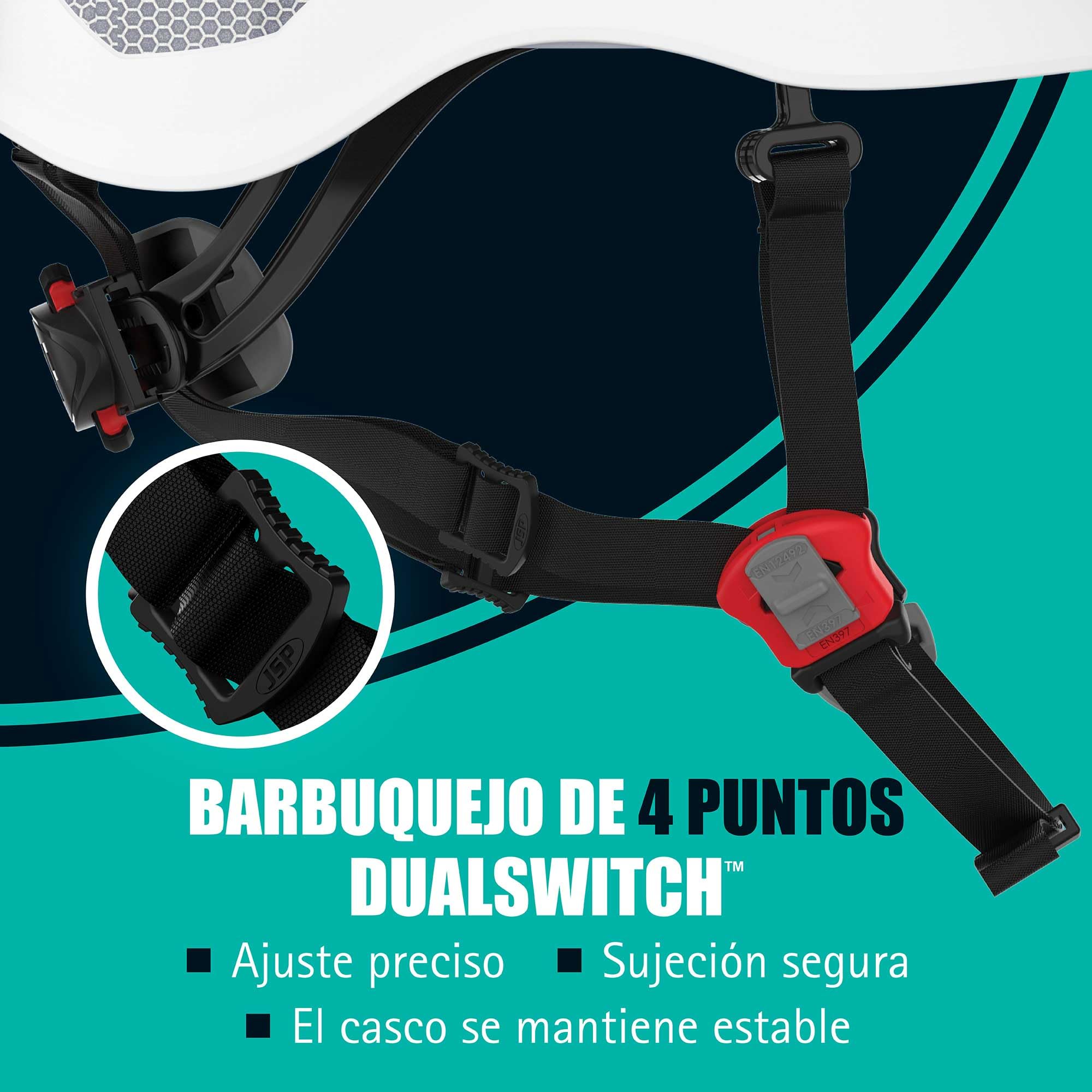 JSP EVO Alta DualSwitch Casco Premium ABS Obra y Altura, Blanco | Alterna entre protección EN 397 industrial y EN 12492 de altura. Carcasa ABS. EN 50365 certificado.