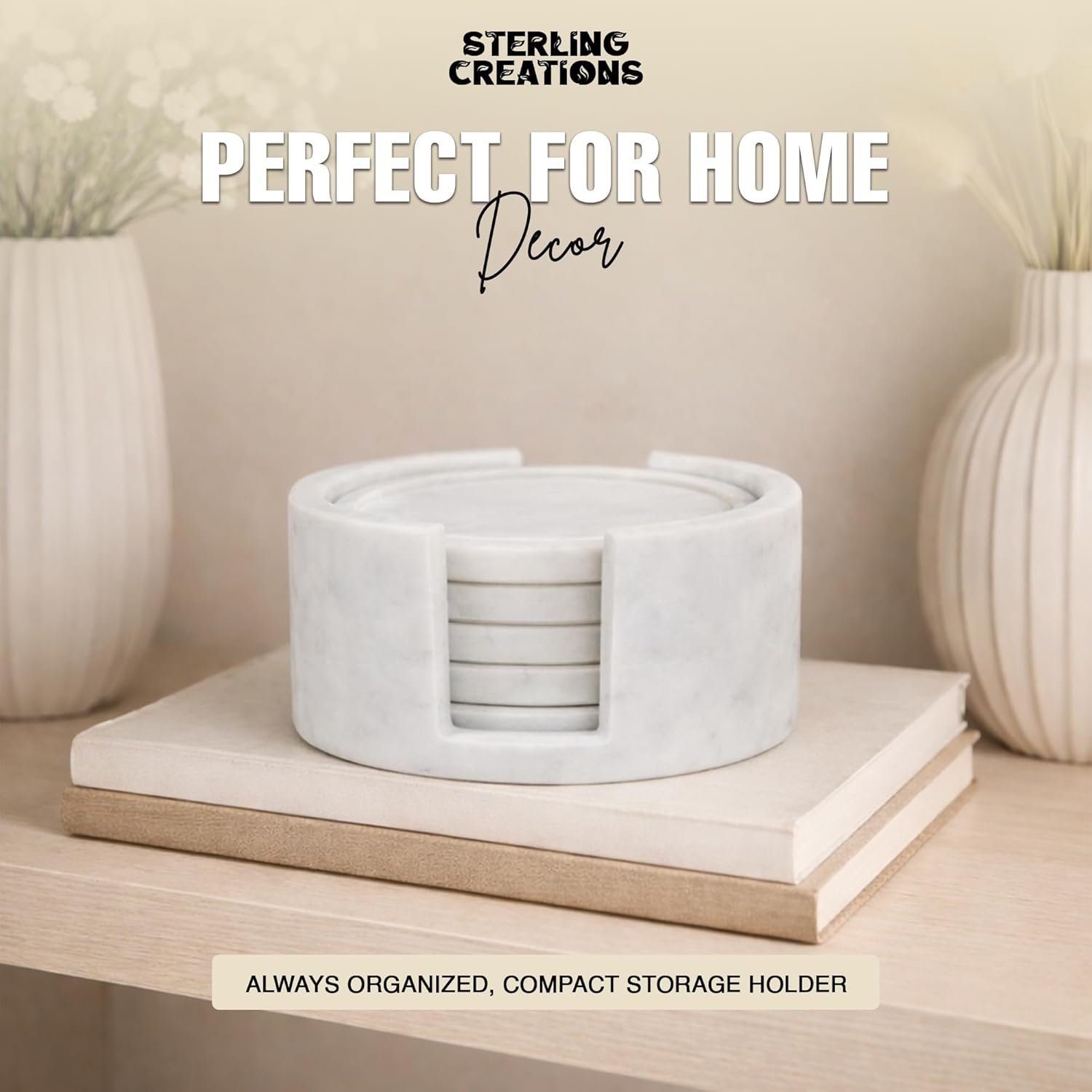 Handmade Marble Coasters Set of 6 with Holder |4 Inch Round Stone Drink Coasters for Coffee Table, Dining & Kitchen Decor Elegant White Coaster Set for Home & Bar Accessories