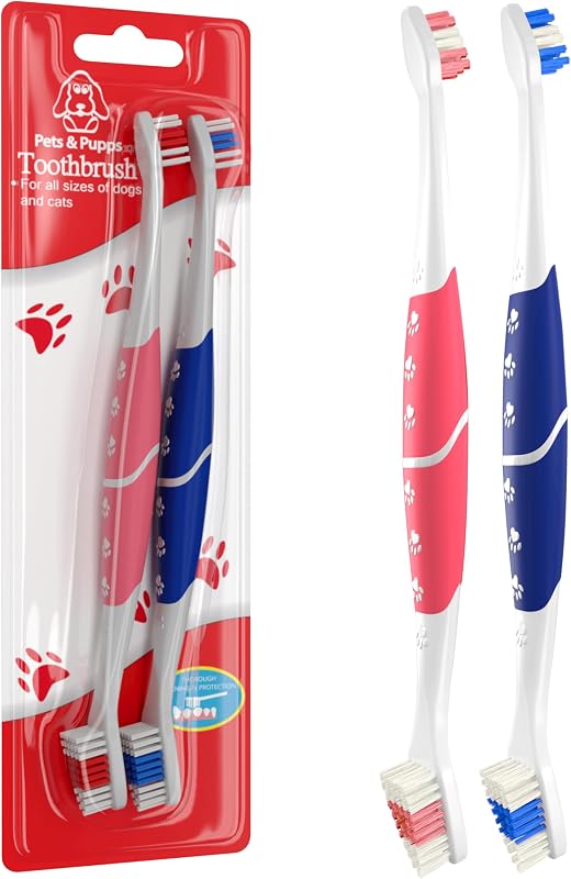 Cepillo de dientes para perros, gatos con cerdas suaves, fácil limpieza de dientes y cuidado dental, cepillo de dientes antideslizante de doble cabeza para mascotas medianas y grandes, pasta de dientes no incluida (paquete de 2 (azul y rosa))