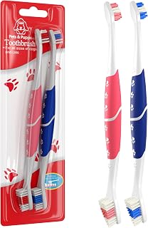 Cepillo de dientes para perros, gatos con cerdas suaves, fácil limpieza de dientes y cuidado dental, cepillo de dientes antideslizante de doble cabeza para mascotas medianas y grandes, pasta de dientes no incluida (paquete de 2 (azul y rosa))
