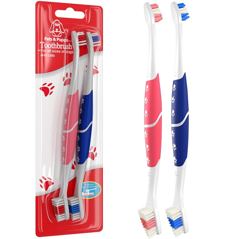 Escova de Dentes para Cães e Gatos com Cerdas Extra Macias e Cabeça Dupla Pets & Pupps, Rosa e Azul, Pacote com 2