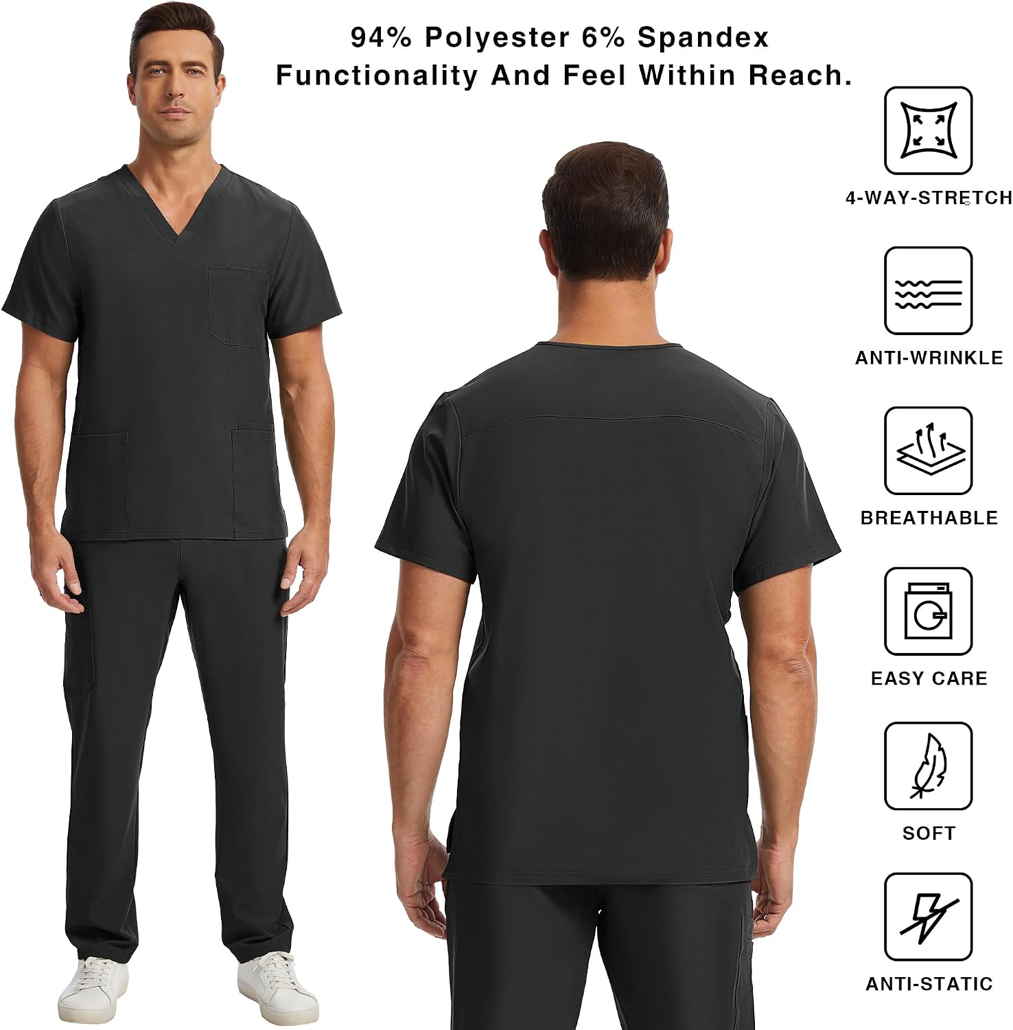 Kitmaz Men's Scrub Set - V-Neck Top & Straight Pants with 12 Pockets, 4-Way Stretchy Breathable Wrinkle Resistant