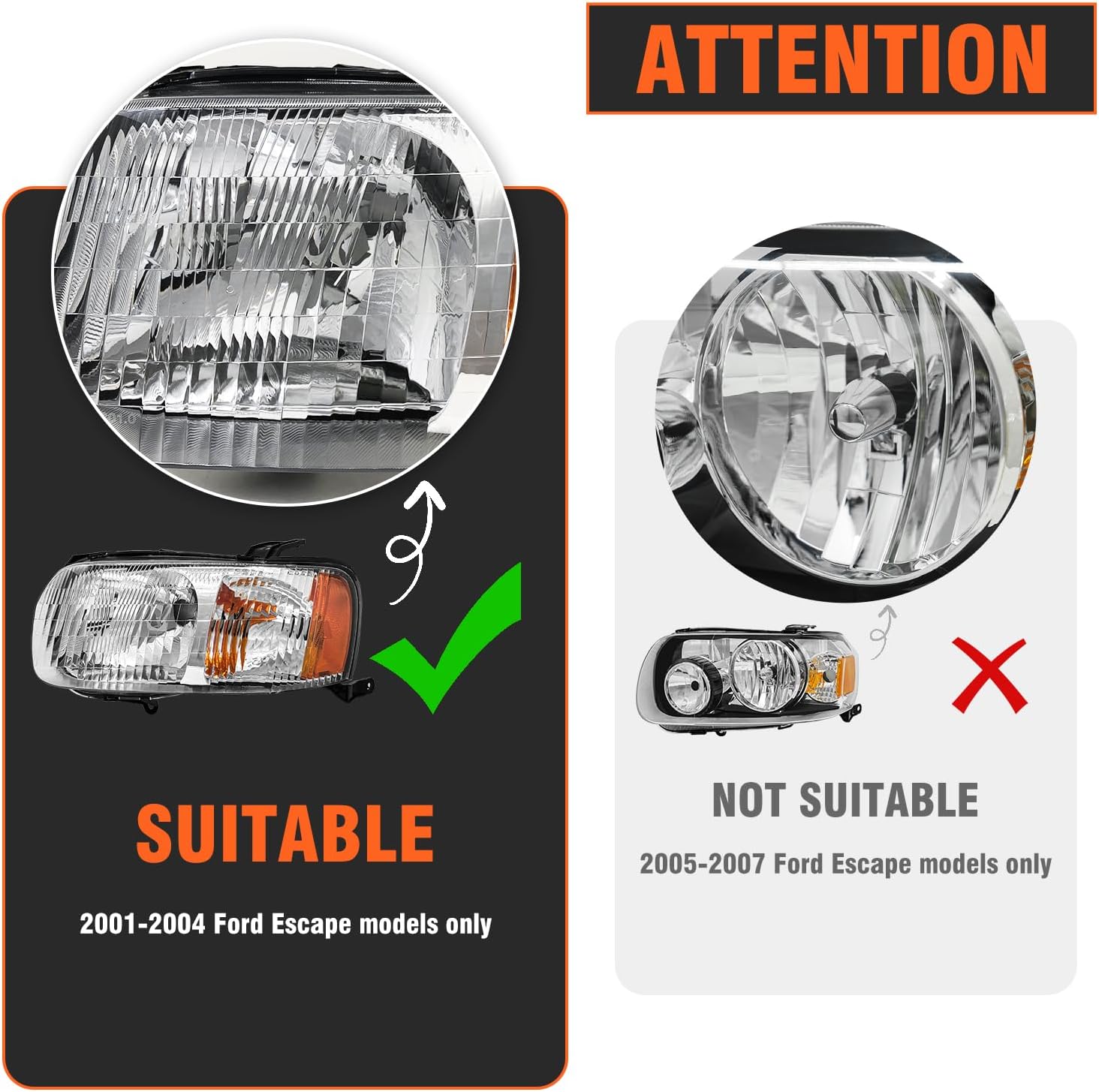 Headlight Assembly for Ford Escape 2001 2002 2003 2004 Chrome Housing Amber Reflector Replacement Pair (Chrome Housing Amber Reflector Clear Lens)