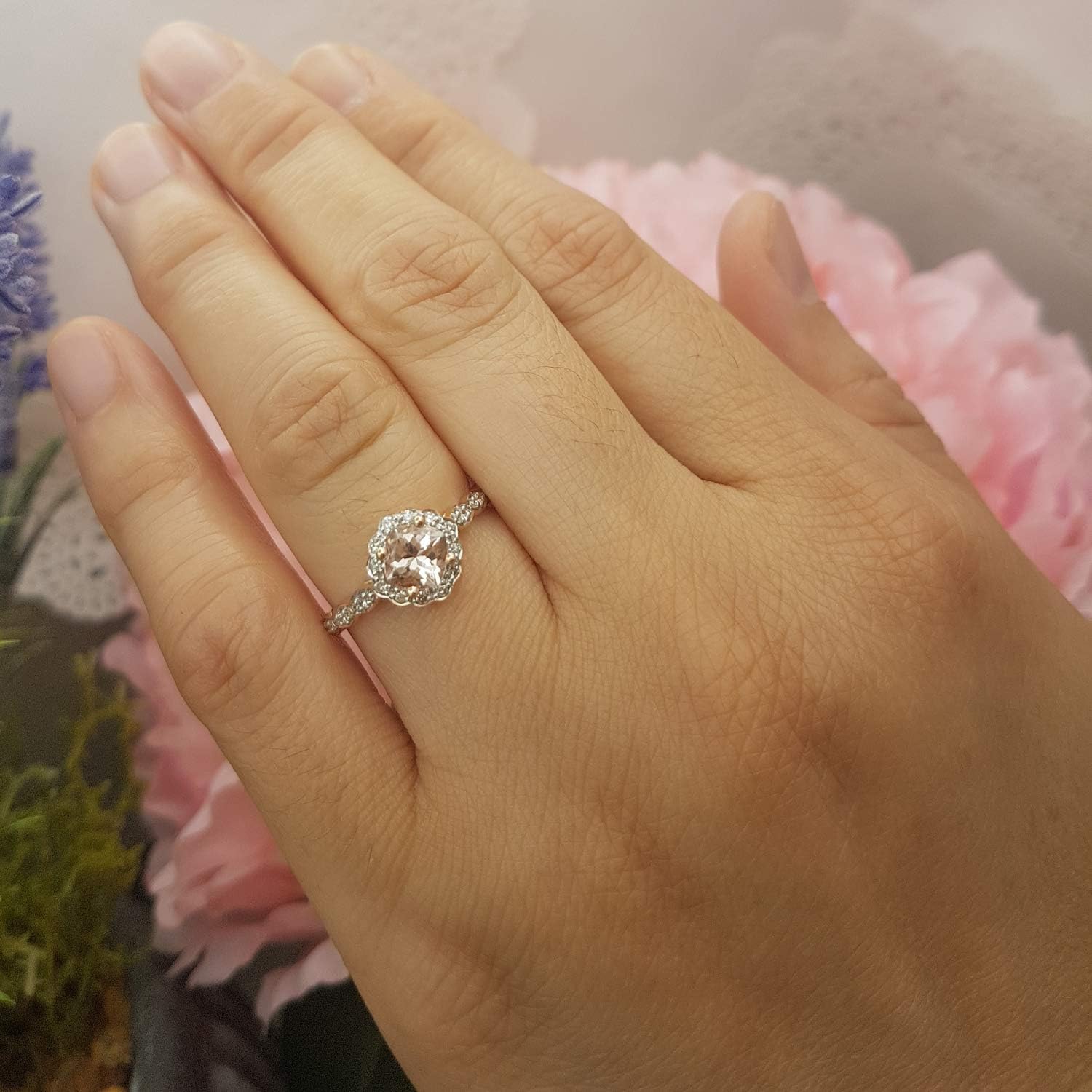 Dazzlingrock Collection 5.5mm Cushion Morganite & Round Diamond Womens Halo Engagement Ring, 14K Solid Rose Gold