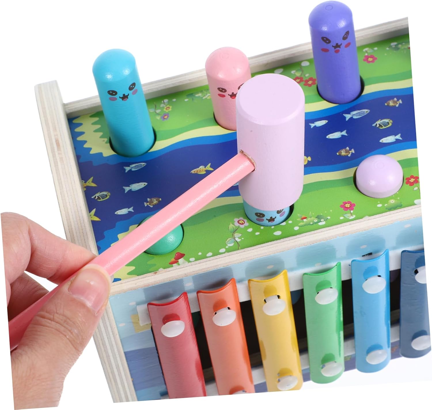 1Set Montessori Busy Board with Hammer and Xylophone Wooden Activity Cube for Fine Motor Skill Development Safe and Educational Plaything