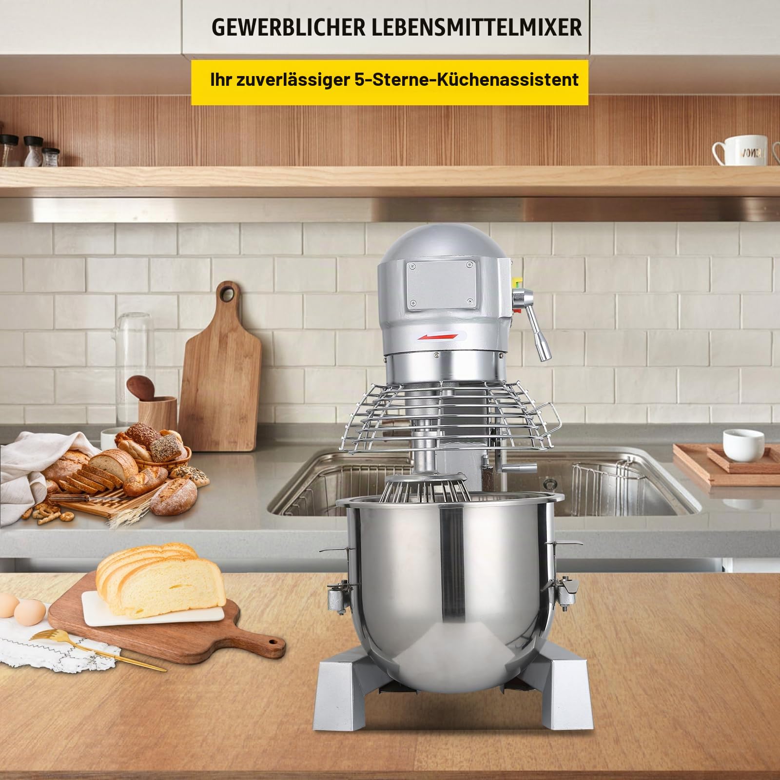 VEVOR Teigknetmaschine Küchenmaschine, 15 Qt Edelstahl Teigmixer, 600 W, einstellbar (130/233/414 U/min), inkl. Edelstahlschüssel, Knethaken, Schneebesen, Rührbesen, ideal für Bäckereien, Restaurants