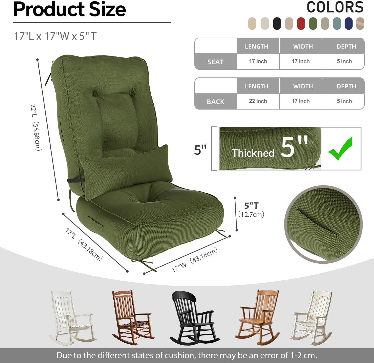 Rocking Chair Cushions with Pillow, Waterproof and Fade-Resistant Thicken Durable Tufted Chair Pads for Rocker Furniture with Ties for Indoor, Outdoor, Porch Garden, 17"x17"x5", Matcha