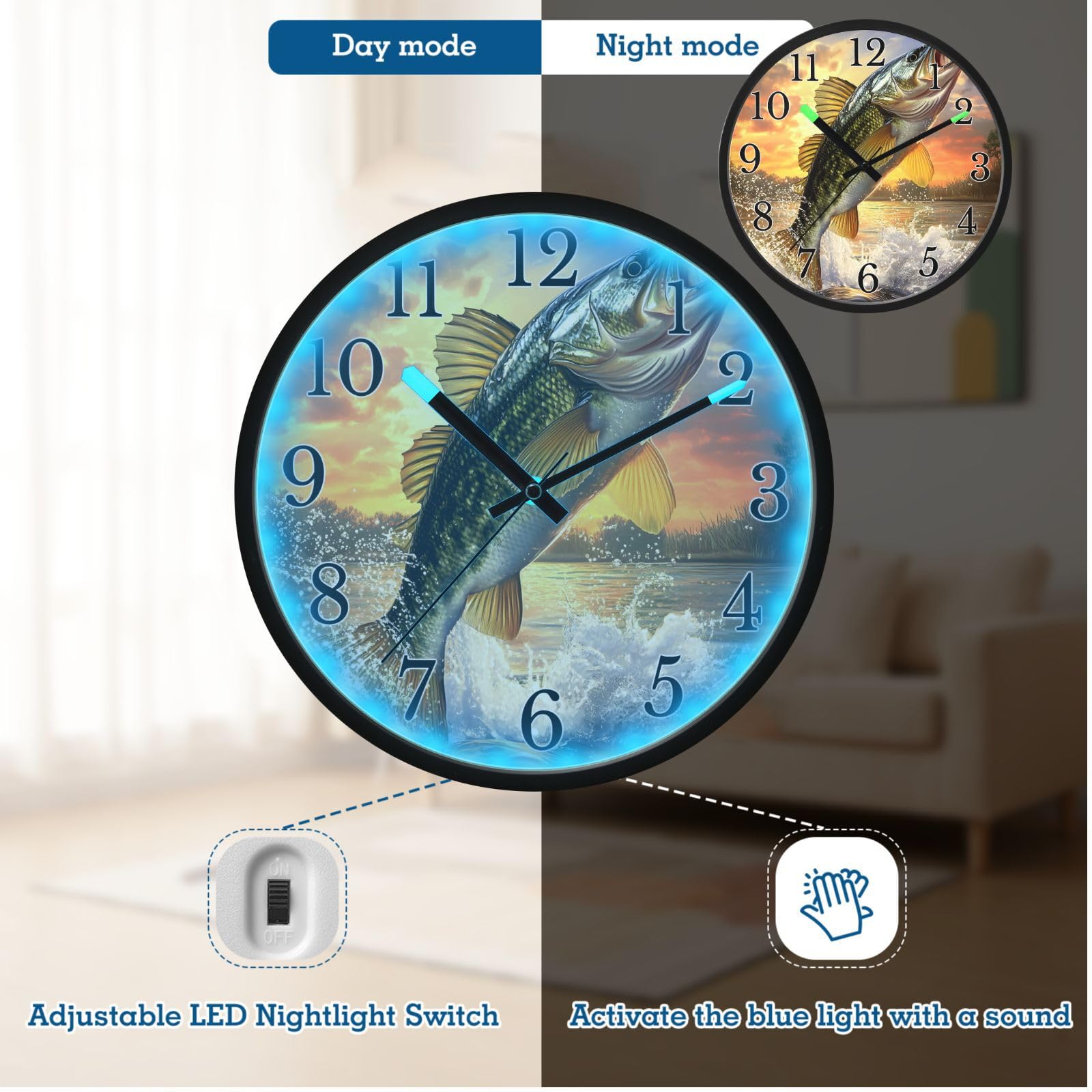 Mnsruu Reloj de pared luminoso de boca grande, reloj de pared que brilla en la oscuridad, funciona con pilas, silencioso, sin tictac, luz nocturna para dormitorio