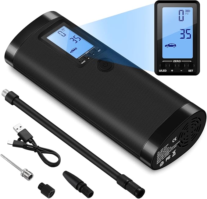 VEEAPE Air Compressor Portable Tire Inflator, main product image showing a black handheld unit with a digital screen and hose.