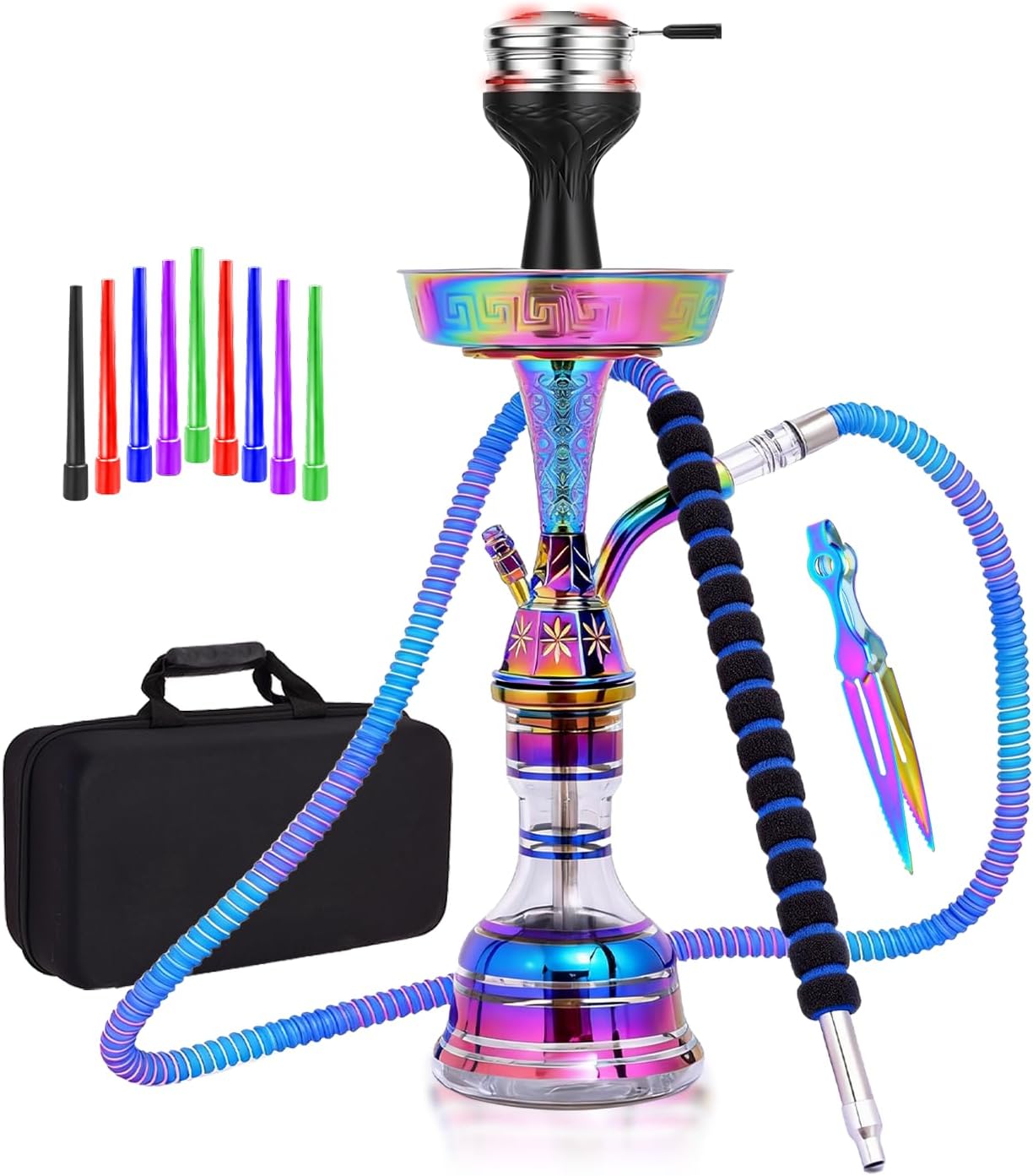 19.3" Premium Hookah Set - Portable Shisha Kit with Protective Carrying Case, Featuring Silicone Hose, Stainless Steel Bowl & Integrated Charcoal Tray (Purple)