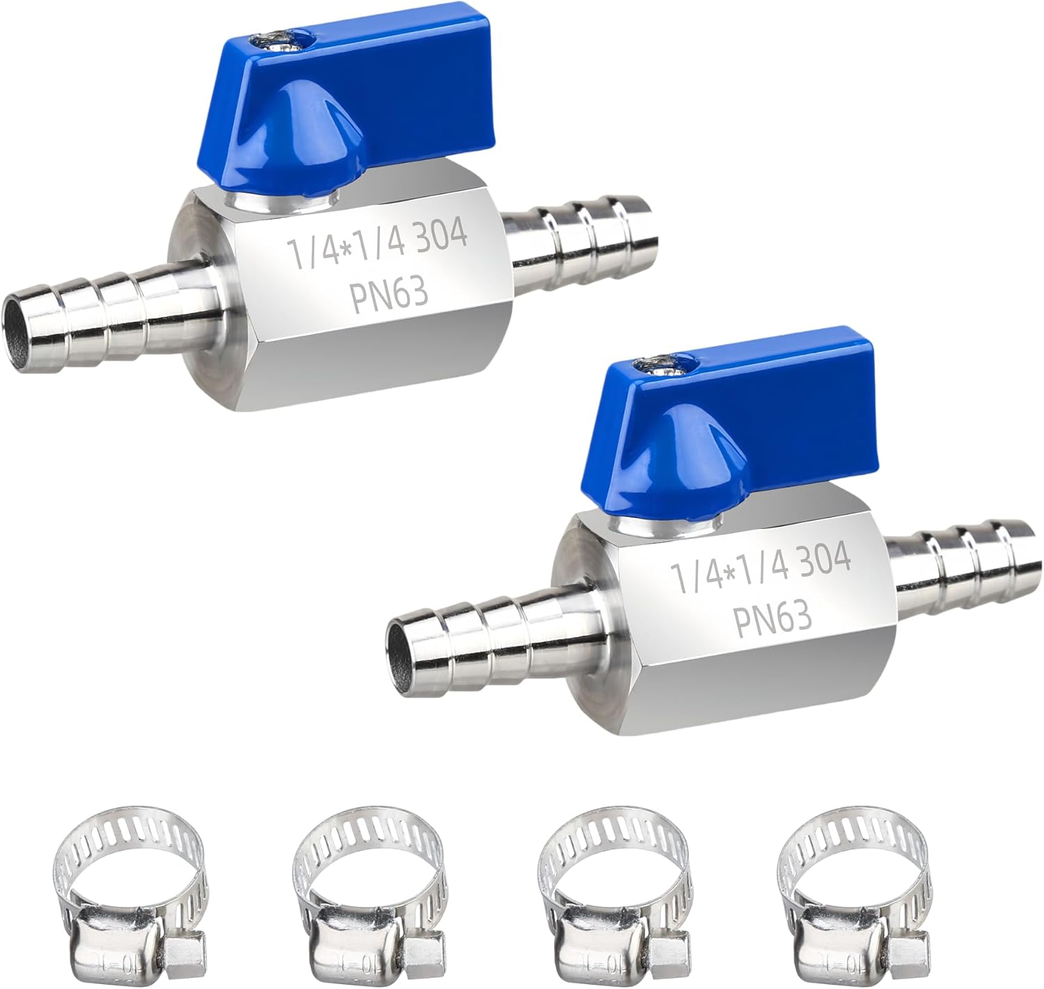 1/4 Inch Barb Ball Valve, Mini 304 Stainless Steel Inline Shut Off Valve for Fuel/Water/Air/Gas Lines, Heavy Duty Hose Barb Fitting with 4 Hose Clamps, 2-Pack
