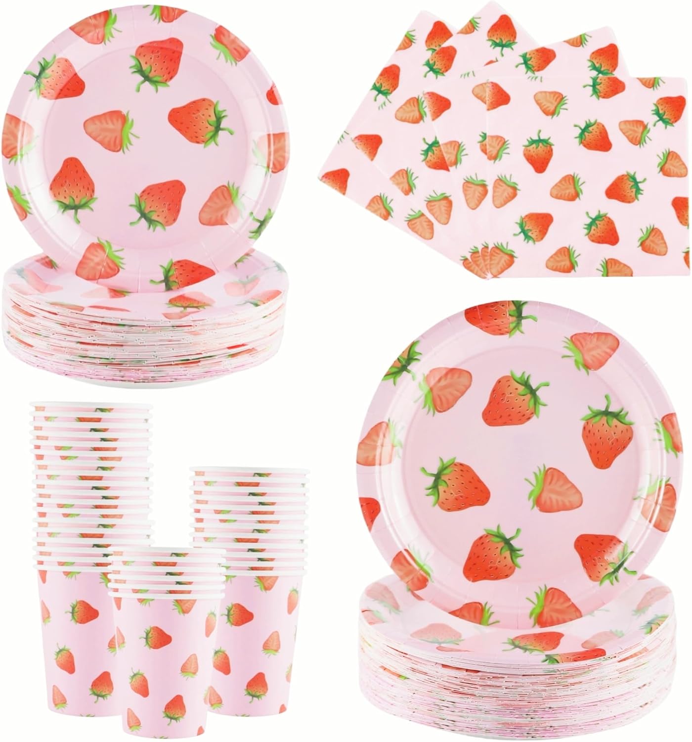 Strawberry Party Tableware Set - 200PCS Birthday Party Supplies Pink Disposable Paper Plates, Cups & Napkins for 50 Guests: Strawberry Pattern, Baby Showers, 1st Birthdays, Christmas