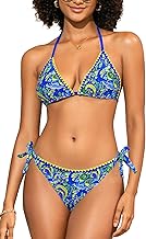SHEKINI Women's Bikini Set Triangle Halter Tie Side Cheeky Bottom Paisley Shell Stitched Two Piece Swimsuit Boho Beach Swimwear