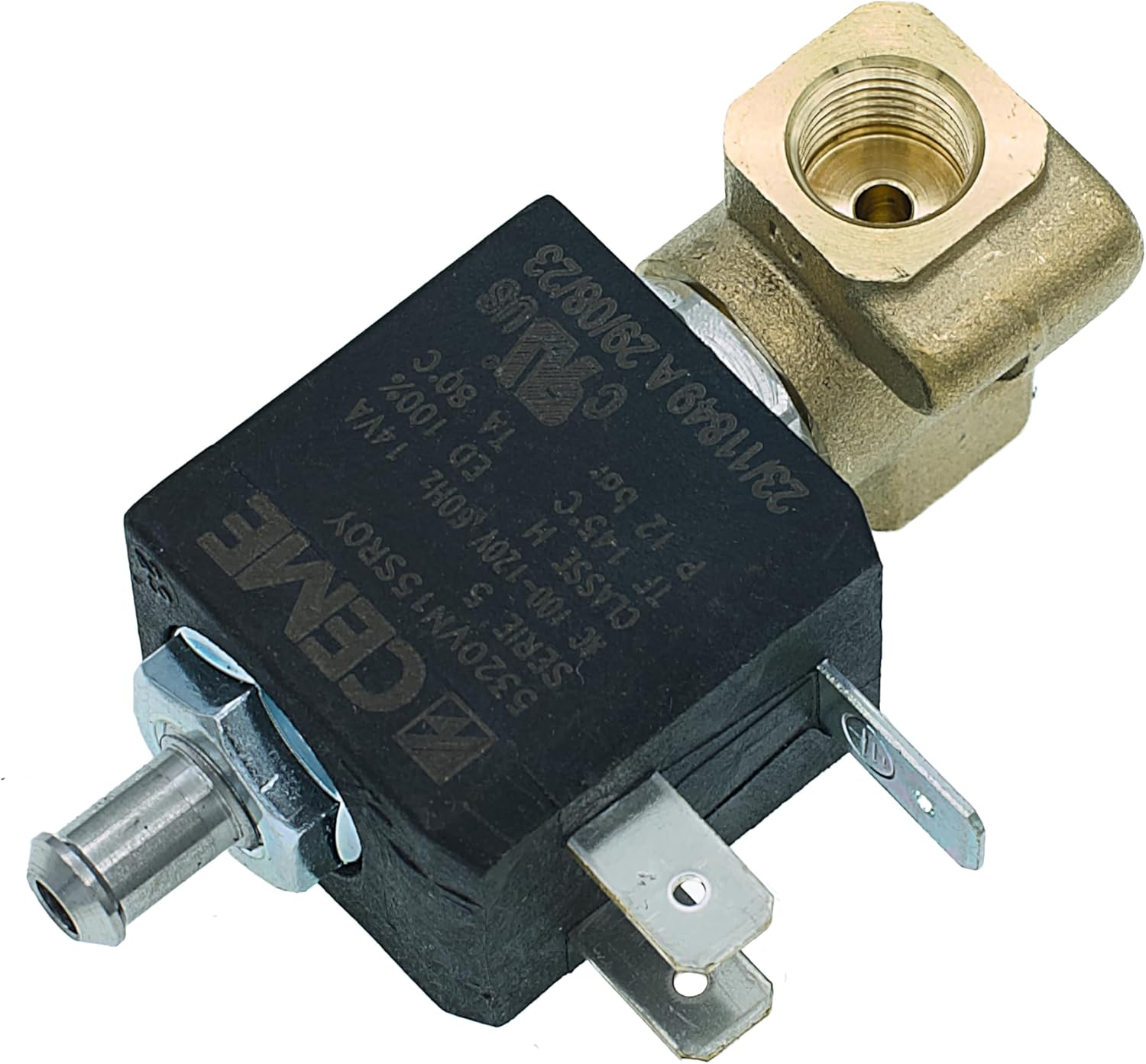 MacMaxe 120V Three-Way Solenoid Valve – Model 5320, 1/8" F x 1/8" F, 7mm Outlet, 12 Bar Max, FKM Seal, 14VA Coil (100/120V 60Hz), Espresso Machine Replacement Part