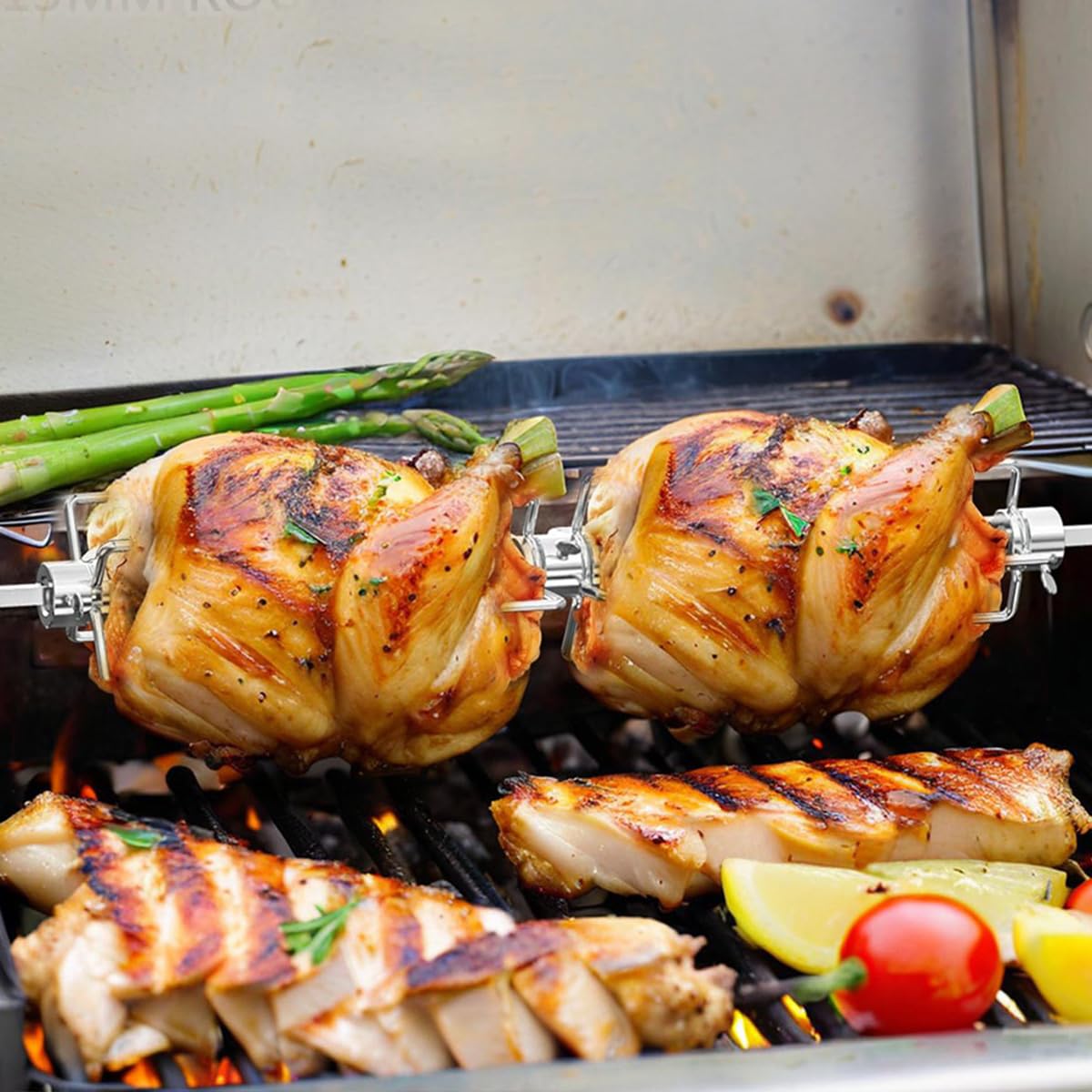BUYGOO Tenedor asador de acero inoxidable con 4 puntas para pinchos para asador de barbacoa, tenedores de carne para pollo, barbacoa, para brochetas, accesorios para asador giratorio, brocheta para