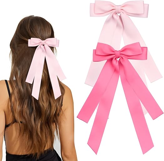 Bow Hair Clips 2PCS Set for Women and Girls - Black White Ribbon Bows for Hair, with Long Tail, Alligator Clip (Pink & Hot Pink)