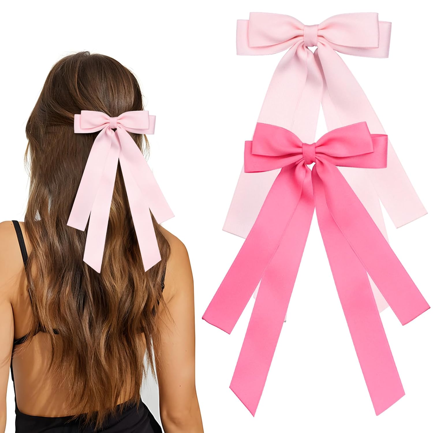 Bow Hair Clips Set - Black White Ribbon Bows for Women