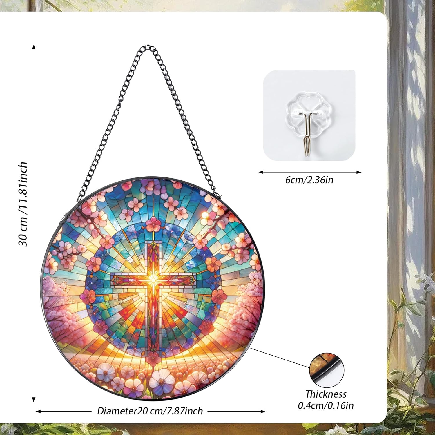 Cross Stained Glass Window Hanging, 7.8″ Sun Catchers with Hook Indoor Window Decor, Decorative Suncatchers Home Garden Art Gift for Thanksgiving Christmas Housewarming - Image 2