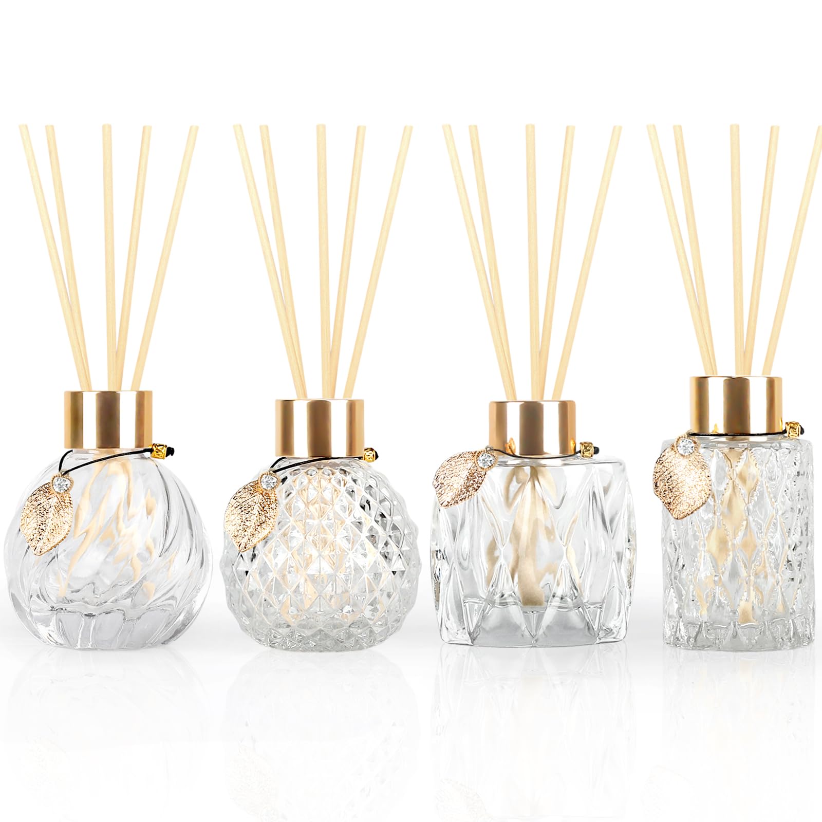 4-Piece Reed Diffuser Set with Metal Golden Decoration, 3.5-4.2oz Empty Bottles and 20 Reed Sticks, Unique Design for Home and Office (4 Different Bottles)