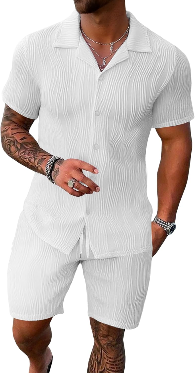 UOUA Summer Outfits for Men 2 Piece Short Sleeve Button Down Shirt & Shorts Set Casual Vacation Beach Tracksuit