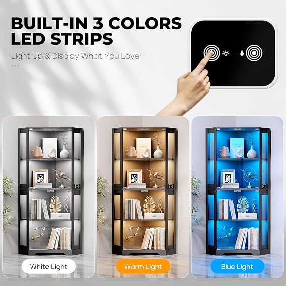 BROTTAR Corner Display Cabinet with Glass Doors, 65 Lighted Curio Cabinet with 3 Color LED Lights for Collectibles, 4-Tier Showcase Display Case with Human Body Sensor for Toys, Books, Black