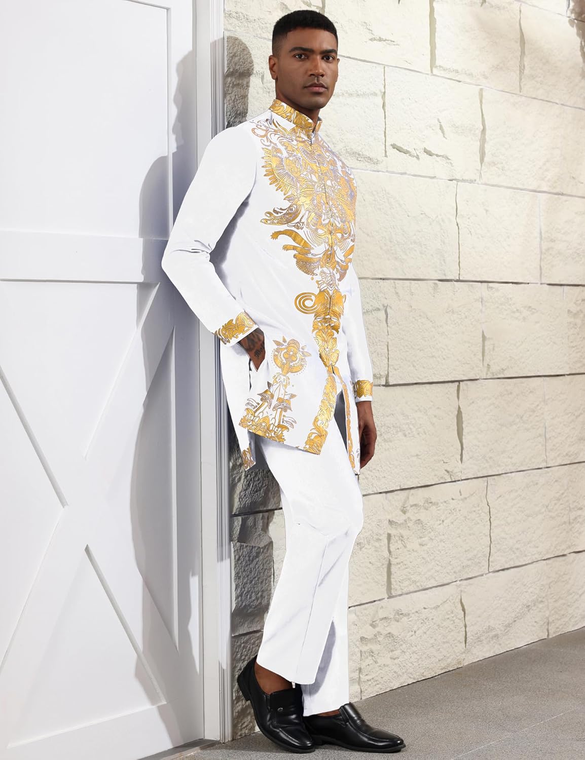 Mens African 2 Piece Set Zipper Nigerian Dashiki Metallic Shirt and Pants Outfit Gold Stamp Printed Long Traditional Suit - Image 3