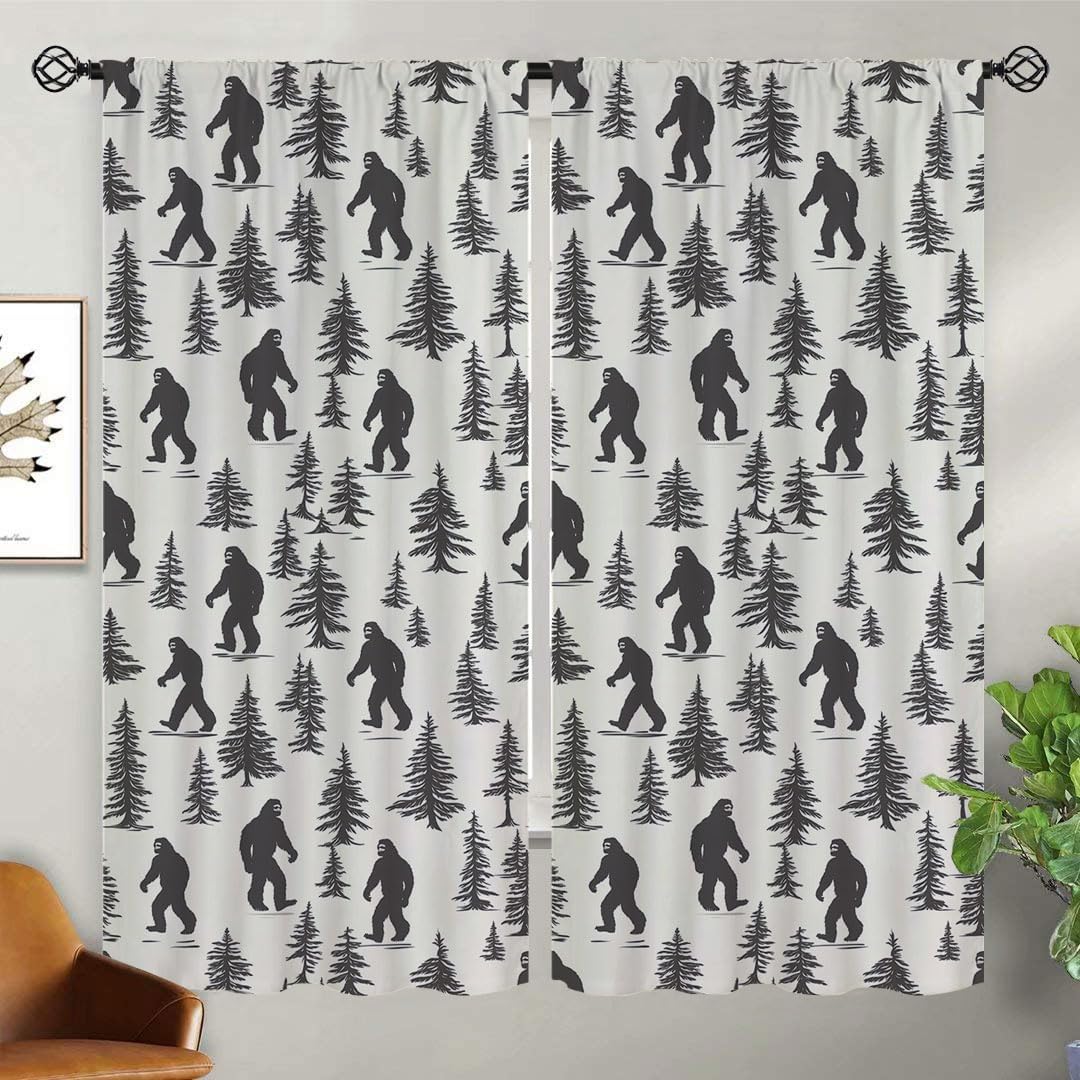 Bigfoot Blackout Curtains for Girls Boy Home Decor, Fog Forest Tree Cool Mystery Sasquatch Print Rod Pocket Thermal Insulated Drapes Darkening Window Curtain for Bedroom Living Room, 42 x 45 Inch
