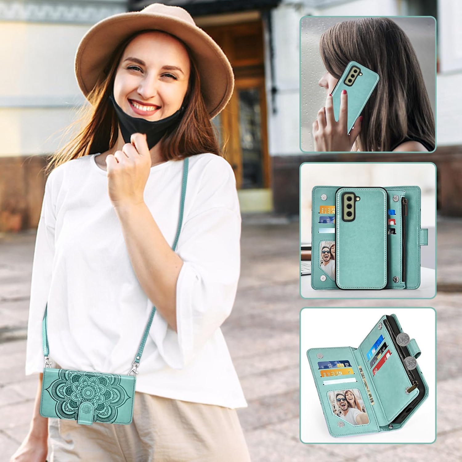 Phone Case for Samsung Galaxy S21 FE 5G Zipper Wallet Magnetic Cell Cover with Screen Protector Crossbody Lanyard Strap Flower Card Holder S 21 EF S21FE5G UW S21FE 21S G5 6.4 inch Women Girls Green